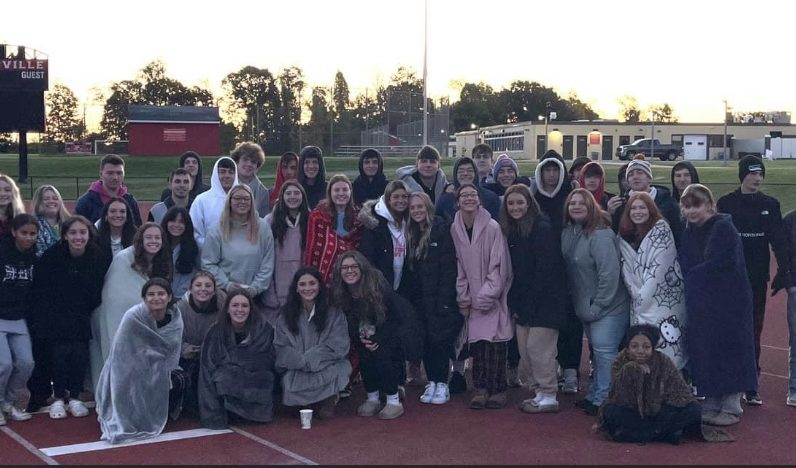 Mechanicville seniors wrapped in blankets in the chilly air.