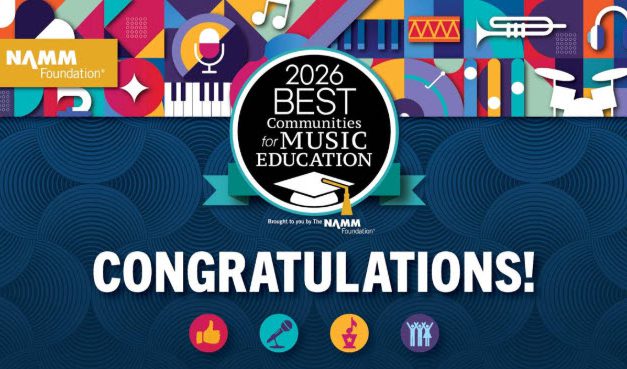 Banner image congratulating the District for being selcted as one of teh best communities for music education.