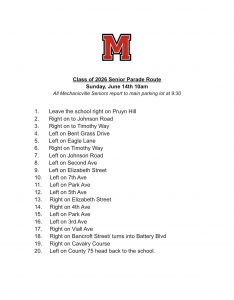 Class of 2026 Senior Parade this Sunday, June 14th at 10am, this image includes parade route through the city.