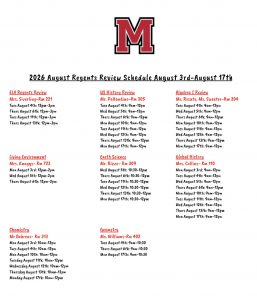 2026 August Regents Review Schedule August 3rd-August 17th