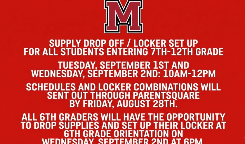 Jr/Sr High School Supply Drop/Locker Set up for all students 7th-12th: Tuesday 9/1 and Wednesday 9/2 from 10am-12pm